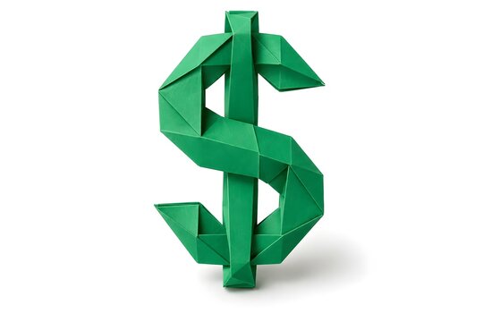 3D Origami Dollar Sign Sculpture Crafted from Emerald Paper Isolated on White Background