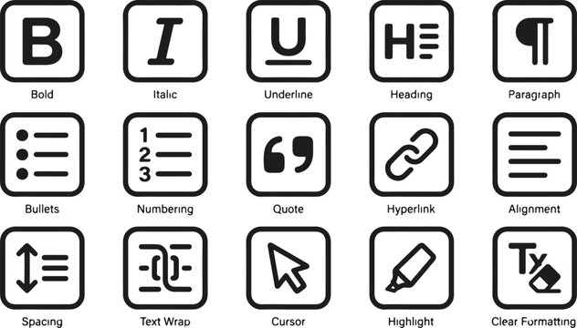 Comprehensive text editing and typography icone set featuring essential formatting tools for digital word processing and design