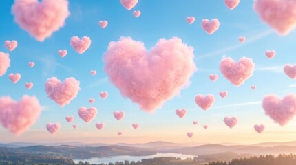 Fototapeta premium Many fluffy pink heart shaped clouds floating in a beautiful blue sky at sunset for romantic background