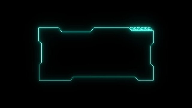 Neon frame elements project cyan digital interface shapes with angular designs. Cyberpunk video presentation packages integrate this neon frame asset. Digital neon frame borders glow.