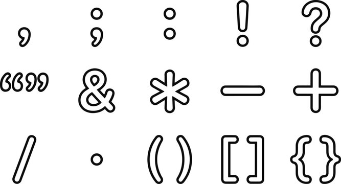 Comprehensive collection of essential punctuation marks and mathematical symbols presented as a professional vector icone set