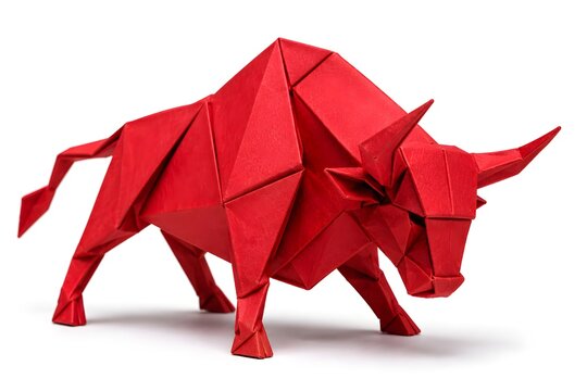 Handcrafted Red Origami Bull Figure Symbolizing Bullish Market Isolated on White Background