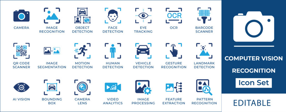 Computer vision recognition solid icon set. Featuring facial detection, OCR scanning, object tracking, and iris scan. Vector icons for AI presentation and camera app UI.