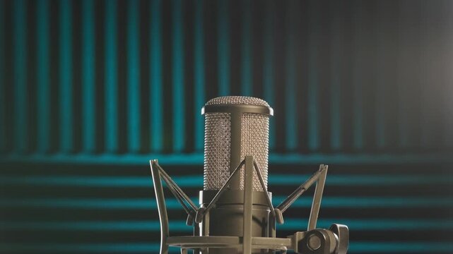 Slow motion colorful studio shot of voiceover dialogue podcast microphone on stand in close-up detail with acoustic foam in recording space with dark background and bright lighting of broadcast vo mic