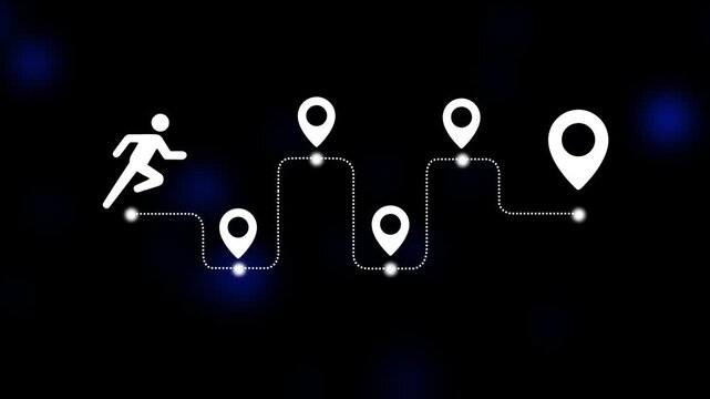 Animated running person on map route path with location pins