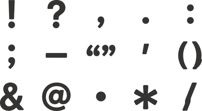 A comprehensive black and white punctuation and symbol icone set for typography and graphic design projects