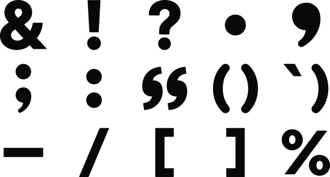 A comprehensive black and white punctuation marks icone set for typography design and digital communication projects