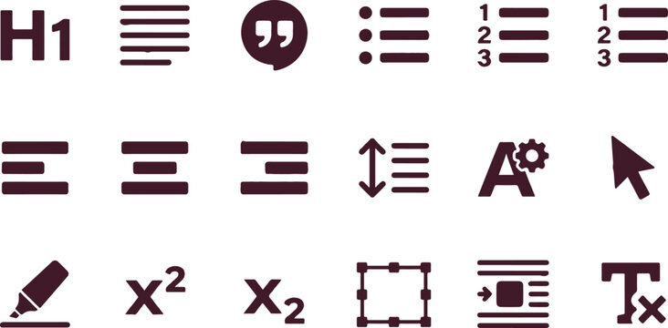 Professional text editing and typography tools icone set for web design and digital document software interfaces