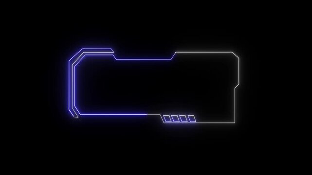 Neon frame elements display white and purple glowing geometric items across black. Sci-fi video presentation packages incorporate this neon frame asset. Digital neon frame borders glow.