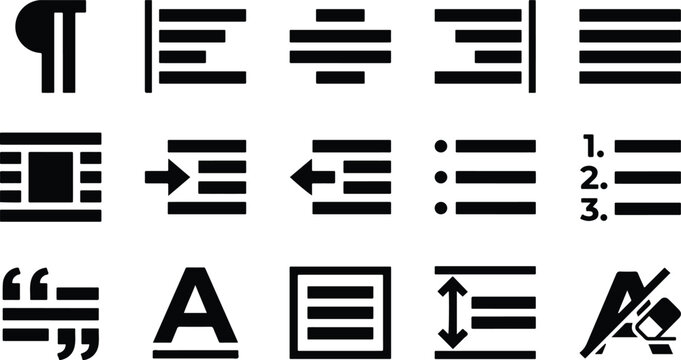 Professional text formatting and paragraph alignment icone set for graphic design and word processing software applications
