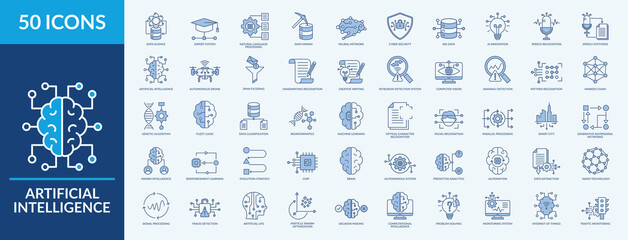 Artificial Intelligence icon set. Containing data science, expert system, natural language processing and more. Line Blue vector icons collection © sugimanpenghulu