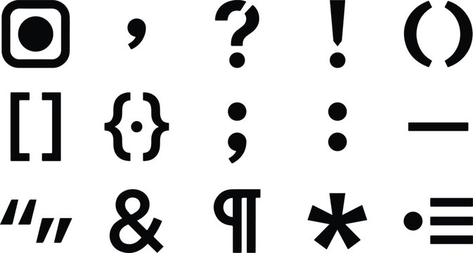 A comprehensive black and white typographic punctuation and symbol icone set for graphic design and interface projects