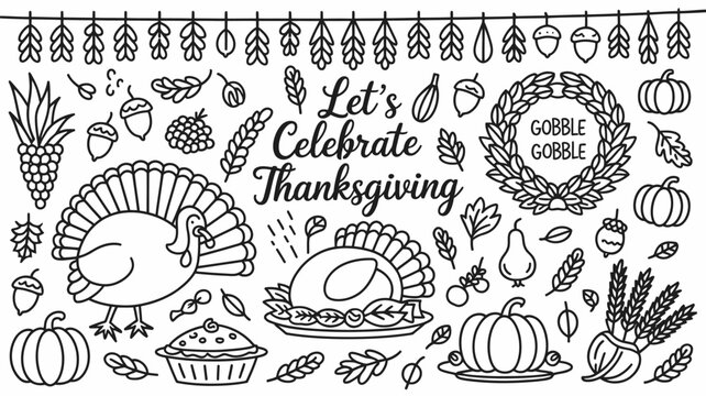 Thanksgiving Set of black and white Thanksgiving day vector doodle elements including turkey and pumpkin and autumn leaves for holiday design