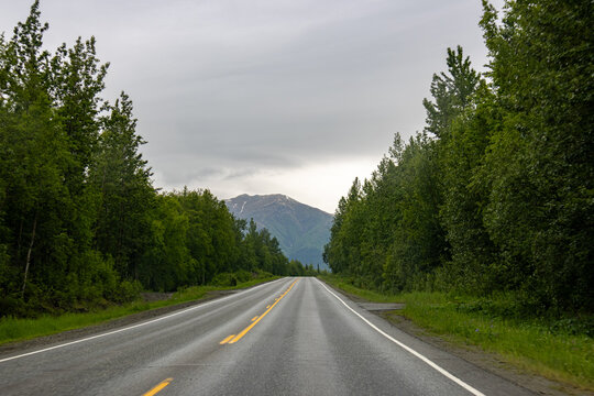 Scenic mountain road stretching through green trees toward a distant peak under overcast skies in Hatcher Pass Alaska USA