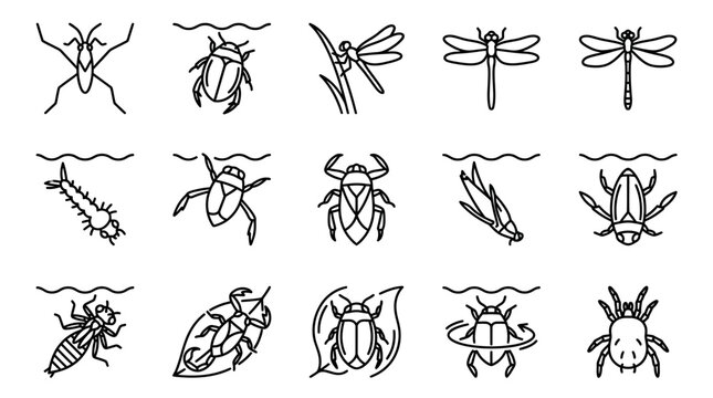 Insect Icons Set: Water Bugs, Dragonflies, Beetles, and More