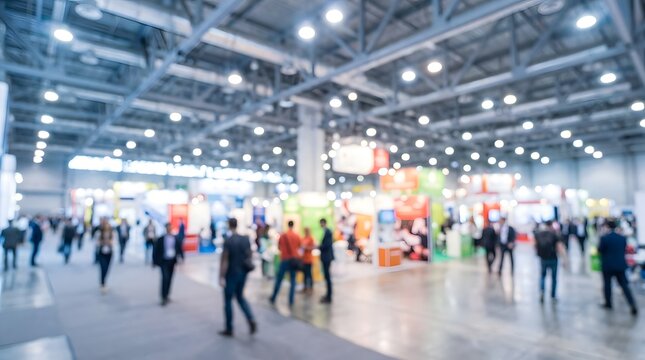 Blurred view of a busy trade show exhibition hall with many people walking between various company booths