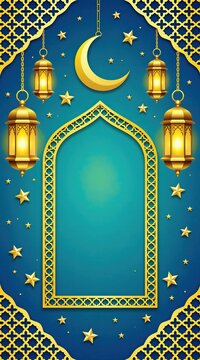 Golden Ramadan frame with crescent moon and lanterns. Festive Islamic background for greetings, invitations, or mobile wallpaper. Elegant gold and blue design.