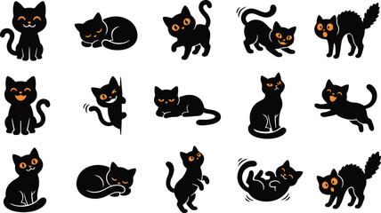 Obraz premium Set of cute black cat silhouettes for halloween decorations and festive holiday designs isolated on white background
