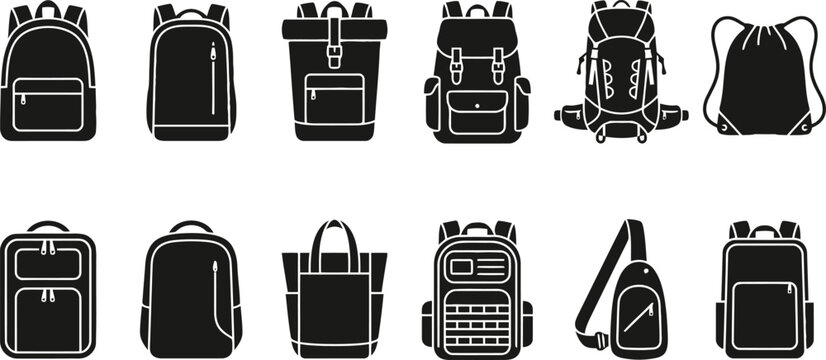 Backpacks and bags vector icon set collection of various types of rucksacks, school bags, travel bags, hiking, and casual luggage symbols