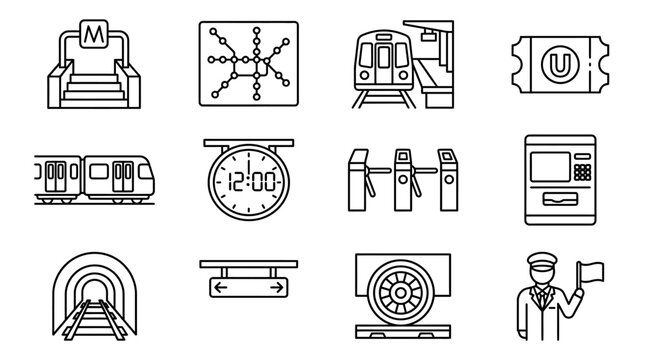 Metro Subway Icons Set: Train, Map, Station, Ticket, Tunnel
