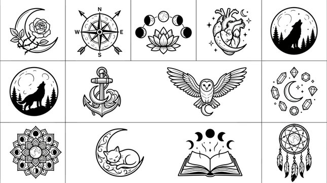 Mystic Symbols Collection: Moon, Wolf, Owl, Compass, Dreamcatcher