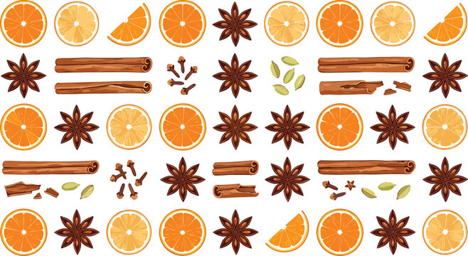 Mulled wine spices vector element set with dried orange slices cinnamon sticks star anise cloves and cardamom isolated on white background