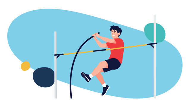 Active male athlete in a red shirt executing a high pole vault jump during a track and field sports competition.