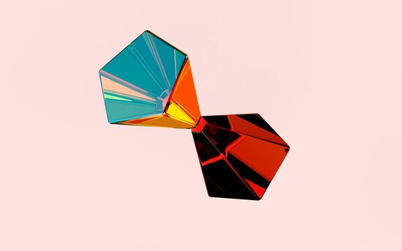 Abstract Cyan and Amber Glass Pentagonal Prisms Floating on Soft Pink Background