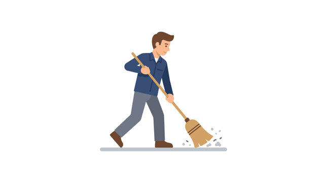 A man in a blue shirt sweeping dust and debris from the floor with a straw broom