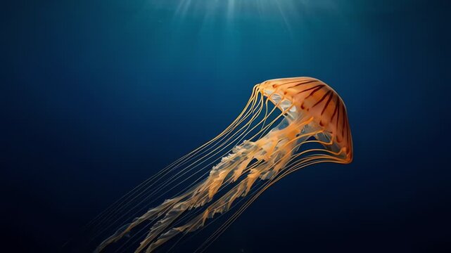 Vibrant orange jellyfish swimming in deep blue ocean water