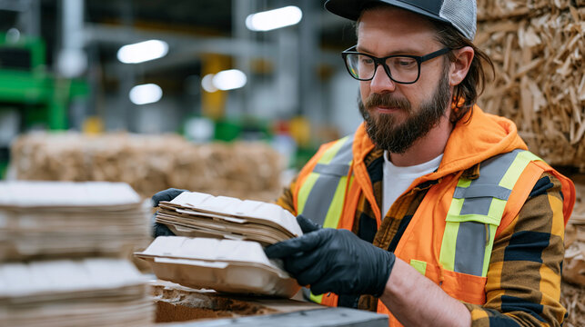 Compostable food service packaging production manager pulls finished clamshell containers from thermoform mold for dimensional inspection, sustainable manufacturing setting with plant fiber raw mate