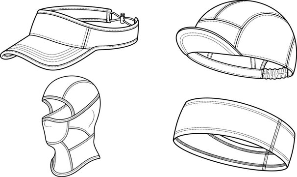 Set of fashion flat sketches featuring athletic sun visor cycling cap balaclava and headband technical drawings