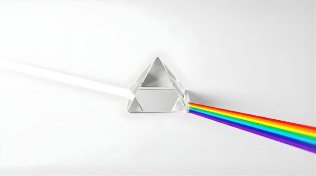 White light passing through a glass prism creating a color spectrum rainbow