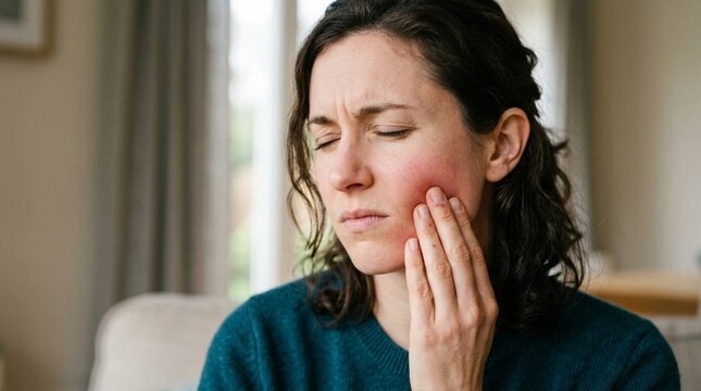 Woman experiencing severe facial pain and discomfort, touching her swollen cheek and jawline with visible red flush, expressing distress and tension in calm indoor setting