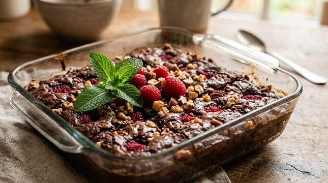 Decadent dark chocolate brownie studded with fresh raspberries and chopped nuts, garnished with vibrant mint leaves, served in a clear glass baking dish on a warm rustic kitchen counter