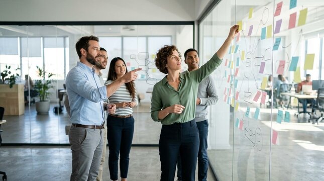 Diverse team of business professionals collaborating in bright modern office, analyzing colorful sticky notes and diagrams on glass wall during strategic planning session and brainstorming meeting