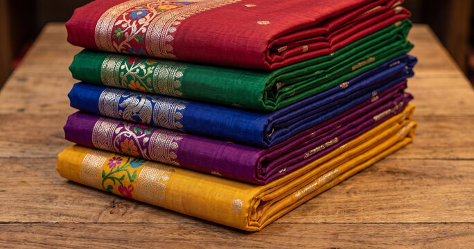 Stacked folded silk sarees zari borders textile fashion