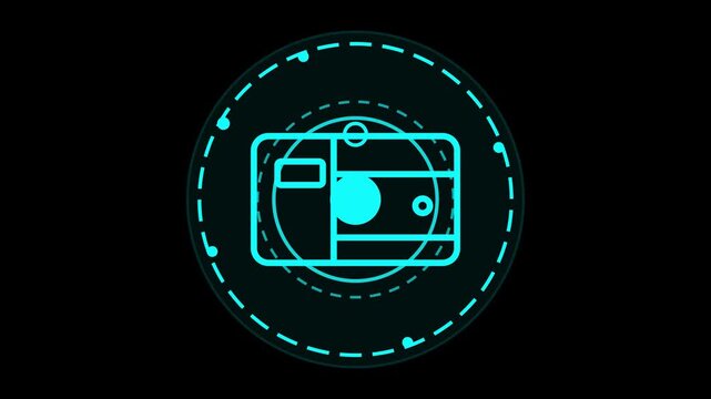 Futuristic HUD digital camera icon for 4K video recording interface neon blue light technology graphic element for high definition motion display