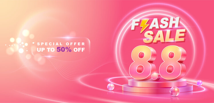 Modern 8.8 flash sale banner with premium 3D typography, soft pink gradient background, glowing rings, podium, and copy space. Vector illustration.