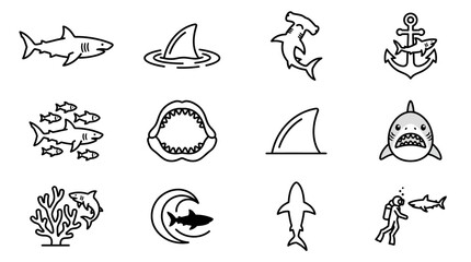 Obraz premium Shark Icons Set: Ocean Wildlife, Marine Life, and Underwater Adventure