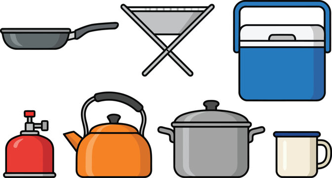 Flat vector icons of kitchen cookware and camping equipment on a white background