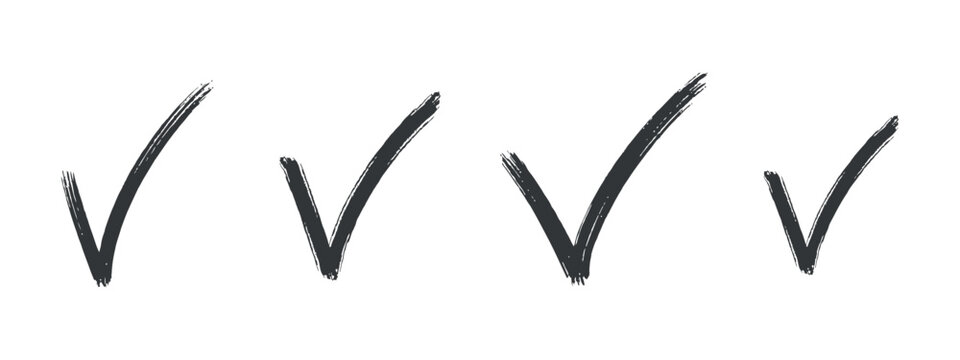 Four hand drawn check marks with textured strokes on a transparent surface