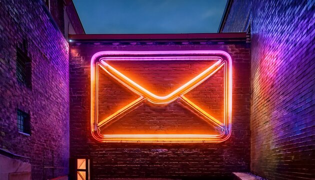 urban alley at night with glowing neon envelope sign purple and orange contrast brick wall backdrop symbolizing communication messaging digital correspondence modern vibrant atmosphere