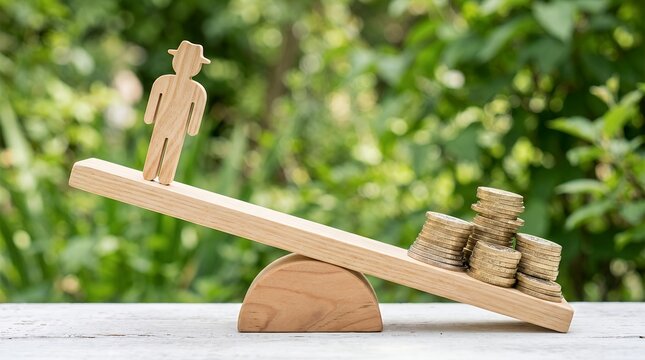 Wooden figure and stacks of coins on seesaw, financial balance and wealth management concept, money and human value comparison on scale