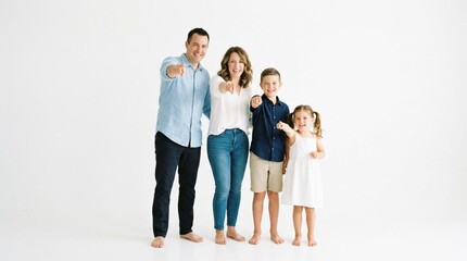 Fototapeta premium Happy Family of Four Standing Together in White Studio, Parents and Children Pointing Forward and Smiling, Modern Lifestyle Portrait Photography, Joyful Family Moments and Togetherness Stock Photo