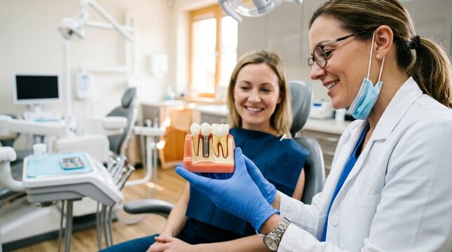 Professional female dentist in white coat and blue protective gloves holding anatomical dental implant model while explaining treatment procedure to smiling female patient in modern dental clinic