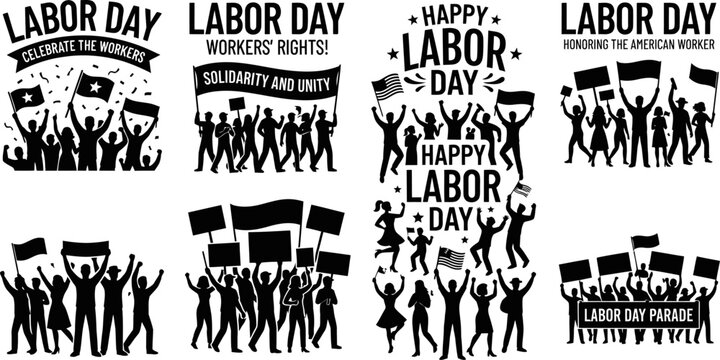 Set of Black Silhouette Labor Day Celebration Figures and Signs for Workers Rights and Holiday Parades