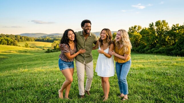 Group of diverse young friends laughing together outdoors in green meadow with mountains, happy multicultural people enjoying nature, friendship and freedom in sunny field during golden hour sunset