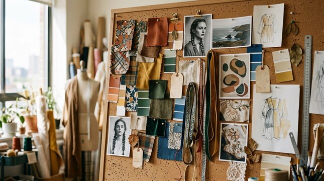 Fashion Designer Inspiration Board with Fabric Swatches, Color Palettes, Ribbon Samples, Sketches and Photos on Cork Board, Creative Studio Workspace Mood Board for the Textile Design