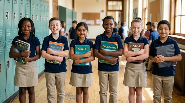Group of happy diverse elementary students standing in school hallway with green lockers, holding colorful textbooks, wearing navy blue polo shirts and khaki uniforms, back to school education concept
